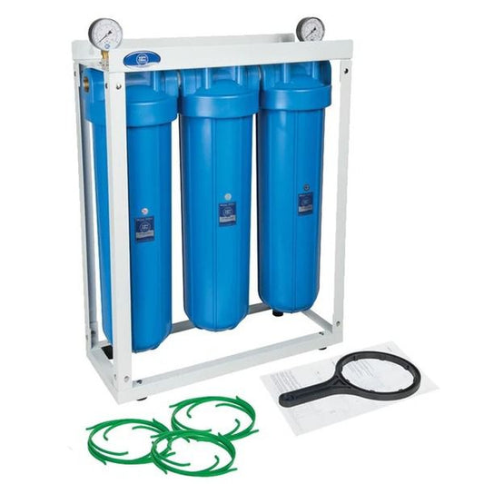 Reverse osmosis water filter system with integrated water softener, UV lamp for disinfection, and drinkable water output.